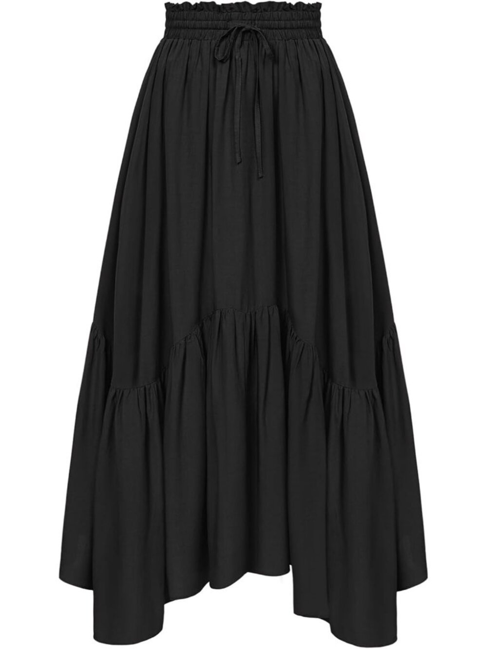 Women's Black Drawstring Renaissance Boho Flowy Asymmetric Tiered Maxi Skirt